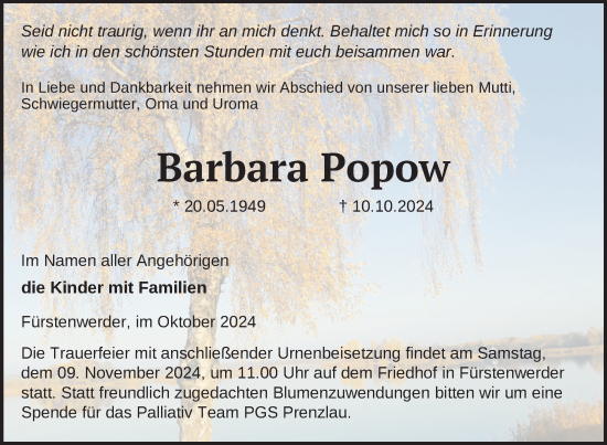 Traueranzeige von Barbara Popow von Uckermark Kurier Prenzlauer Zeitung