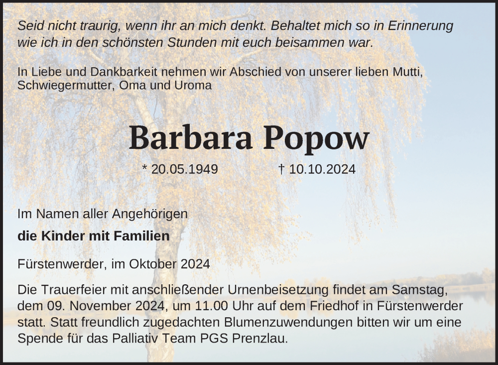  Traueranzeige für Barbara Popow vom 18.10.2024 aus Uckermark Kurier Prenzlauer Zeitung