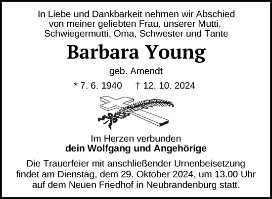 Traueranzeige von Barbara Young von Nordkurier Neubrandenburger Zeitung