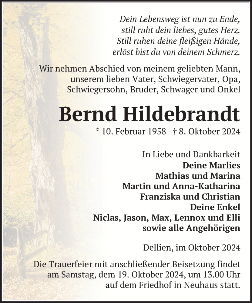  Traueranzeige für Bernd Hildebrandt vom 12.10.2024 aus Hagenower Kreisblatt