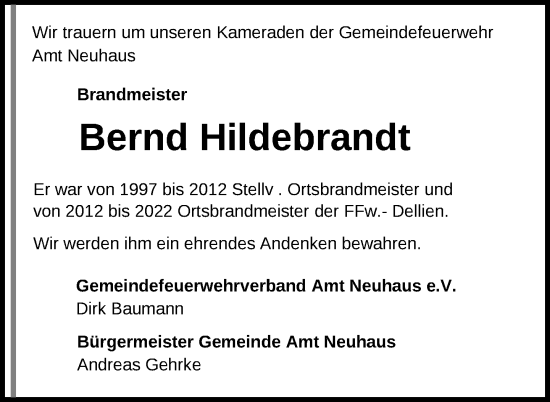 Traueranzeige von Bernd Hildebrandt von Ludwigsluster Tageblatt