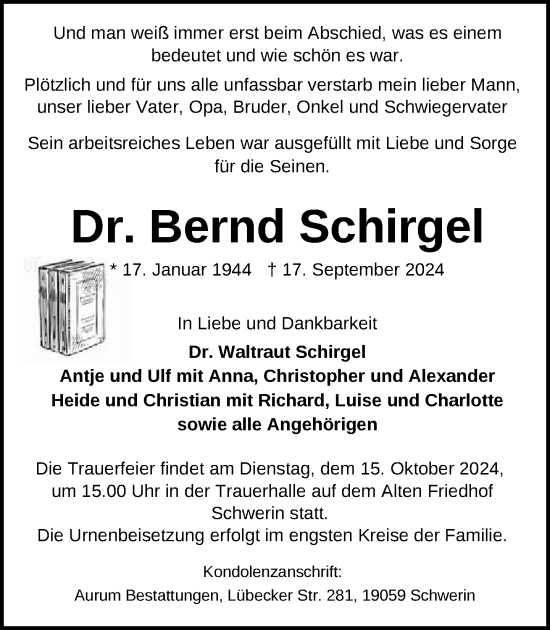 Traueranzeige von Bernd Schirgel von Zeitung für die Landeshauptstadt