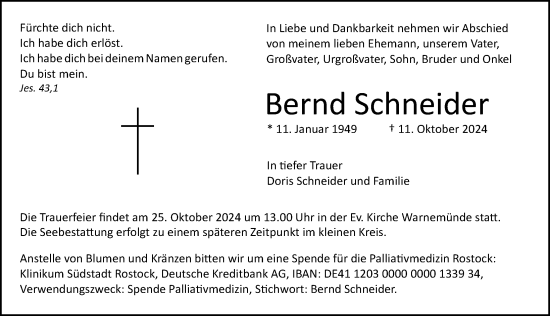 Traueranzeige von Bernd Schneider von Norddeutsche Neueste Nachrichten