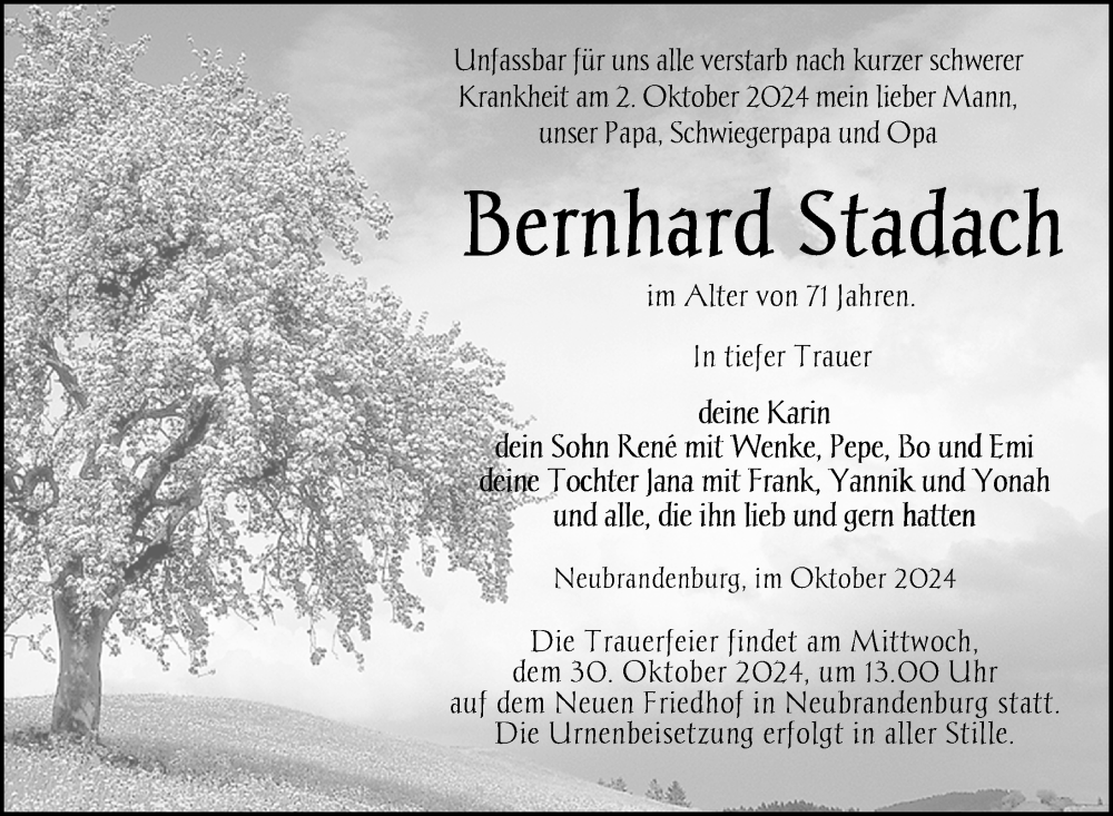  Traueranzeige für Bernhard Stadach vom 12.10.2024 aus Nordkurier Neubrandenburger Zeitung