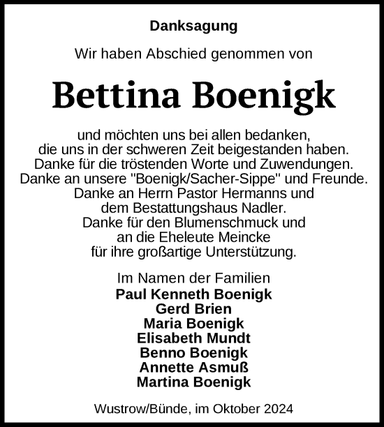 Traueranzeige von Bettina Boenigk von Nordkurier Strelitzer Zeitung