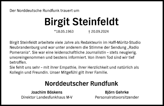 Traueranzeige von Birgit Steinfeldt von Nordkurier Neubrandenburger Zeitung