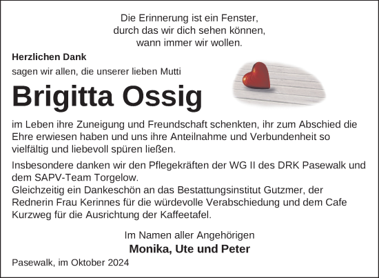 Traueranzeige von Brigitta Ossig von Nordkurier Pasewalker Zeitung