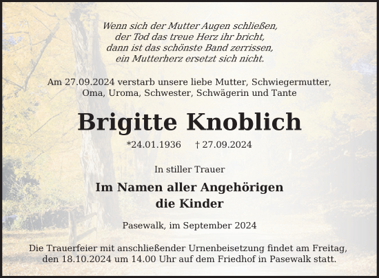 Traueranzeige von Brigitte Knoblich von Nordkurier Pasewalker Zeitung