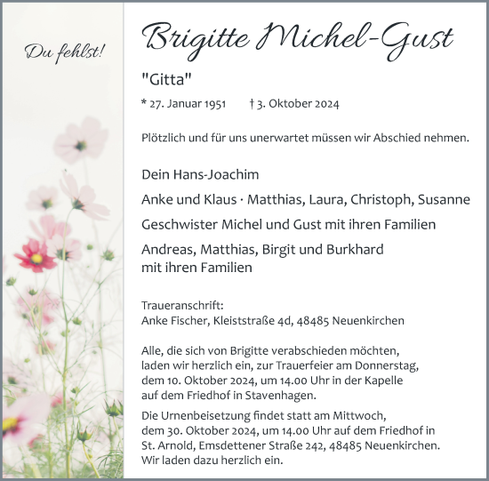 Traueranzeige von Brigitte Michel-Gust von Nordkurier Mecklenburger Schweiz