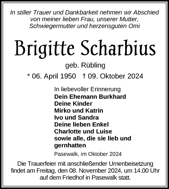 Traueranzeige von Brigitte Scharbius von Nordkurier Pasewalker Zeitung