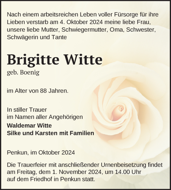 Traueranzeige von Brigitte Witte von Nordkurier Pasewalker Zeitung