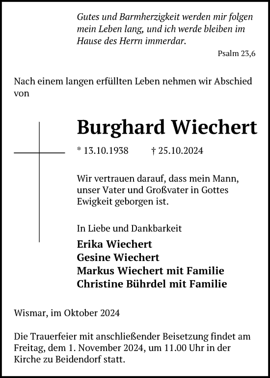 Traueranzeige von Burghard Wiechert von Hagenower Kreisblatt