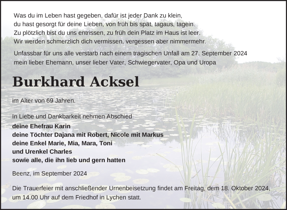  Traueranzeige für Burkhard Acksel vom 05.10.2024 aus Uckermark Kurier Templiner Zeitung