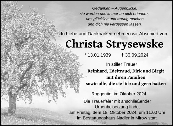 Traueranzeige von Christa Strysewske von Nordkurier Strelitzer Zeitung