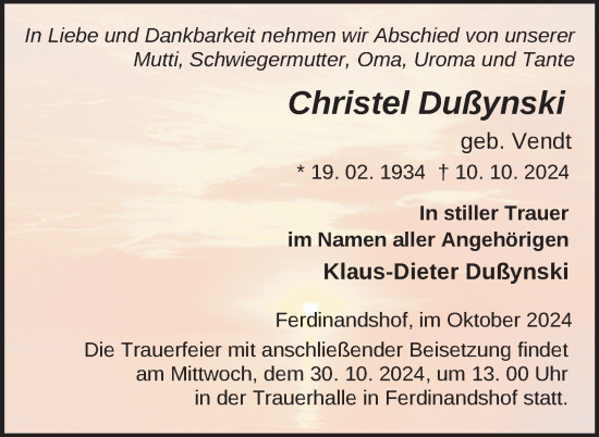 Traueranzeige von Christel Dußynski von Nordkurier Haff-Zeitung