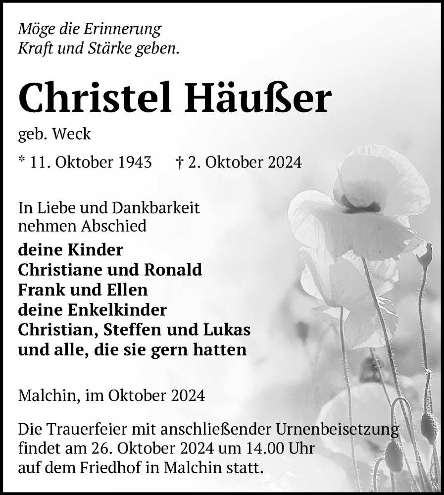  Traueranzeige für Christel Häußer vom 18.10.2024 aus Nordkurier Mecklenburger Schweiz