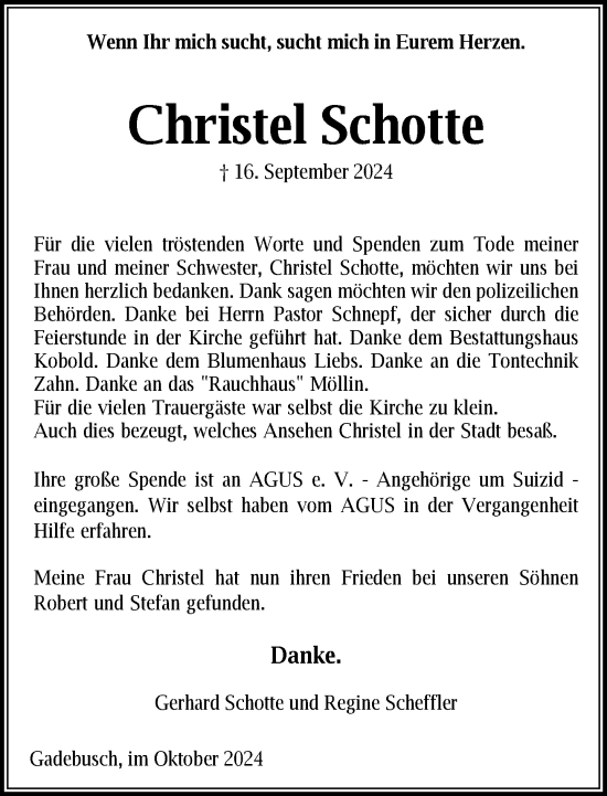 Traueranzeige von Christel Schotte von Gadebusch - Rehnaer Zeitung