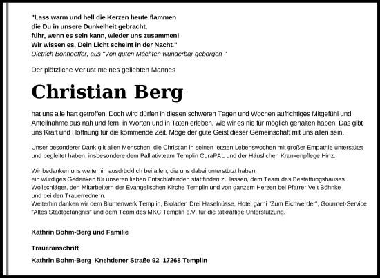 Traueranzeige von Christian Berg von Uckermark Kurier Templiner Zeitung