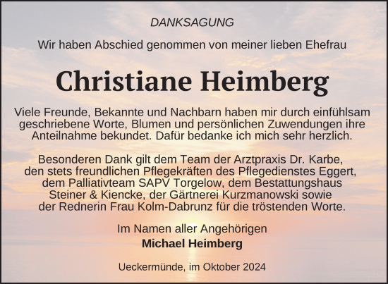 Traueranzeige von Christiane Heimberg von Nordkurier Haff-Zeitung