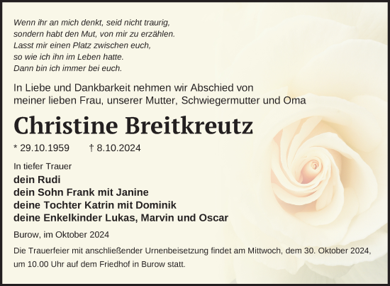 Traueranzeige von Christine Breitkreutz von Nordkurier Neubrandenburger Zeitung