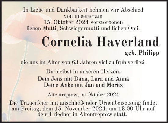 Traueranzeige von Cornelia Haverland von Nordkurier Neubrandenburger Zeitung