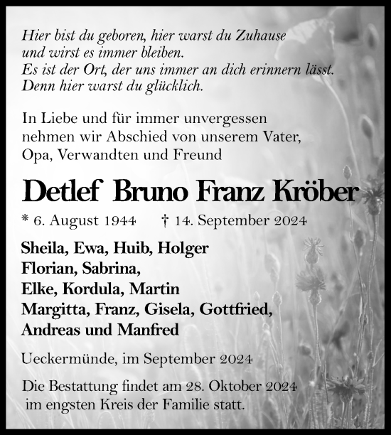 Traueranzeige von Detlef Bruno Franz Kröber von Nordkurier Haff-Zeitung