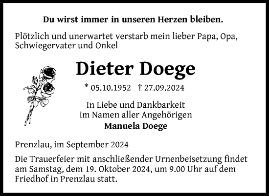 Traueranzeige von Dieter Doege von Uckermark Kurier Prenzlauer Zeitung