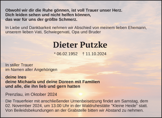 Traueranzeige von Dieter Putzke von Uckermark Kurier Prenzlauer Zeitung