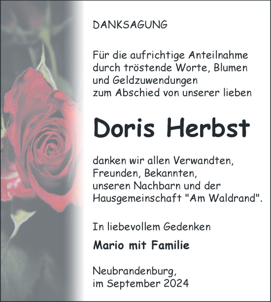 Traueranzeige von Doris Herbst von Nordkurier Neubrandenburger Zeitung