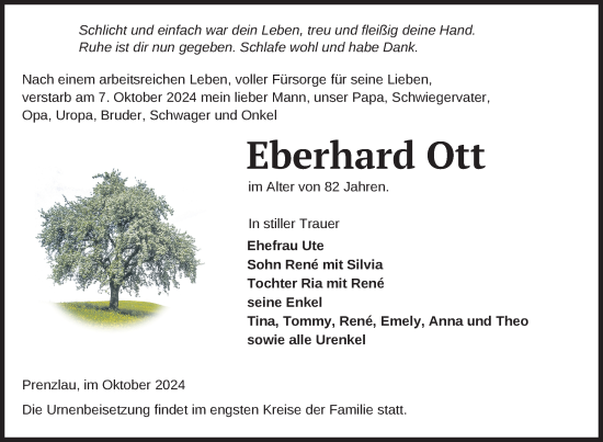 Traueranzeige von Eberhard Ott von Uckermark Kurier Prenzlauer Zeitung