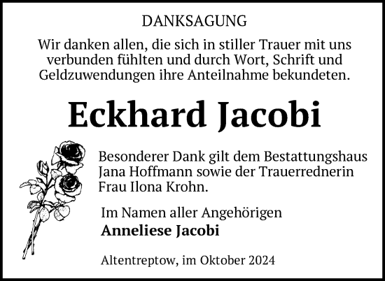 Traueranzeige von Eckhard Jacobi von Nordkurier Neubrandenburger Zeitung