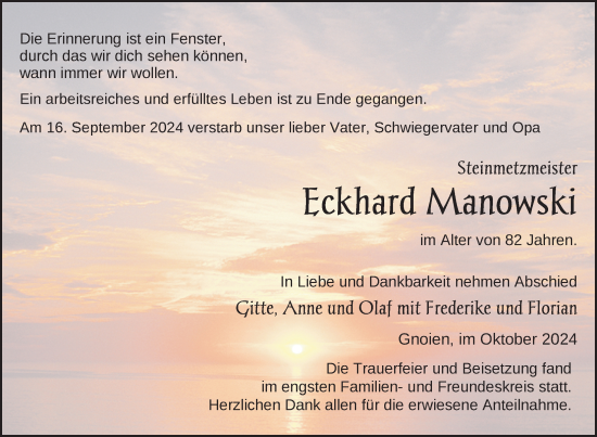 Traueranzeige von Eckhard Manowski von Nordkurier Mecklenburger Schweiz