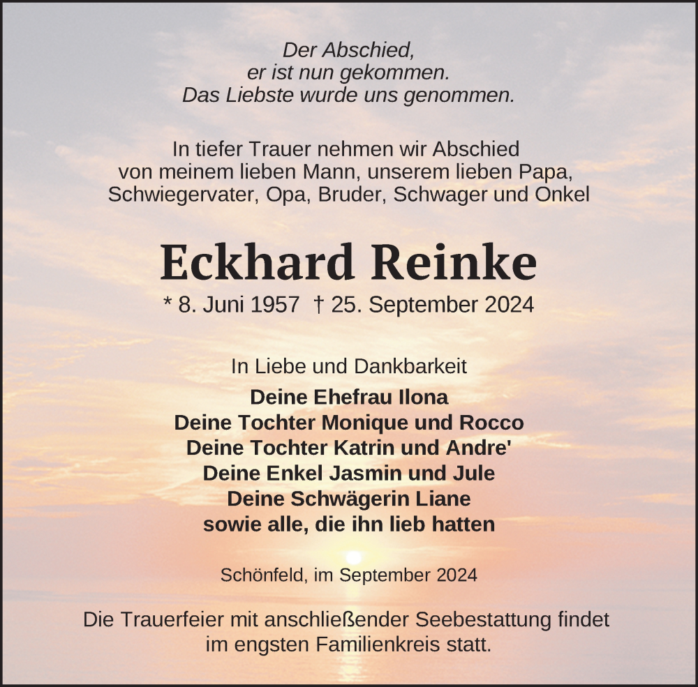  Traueranzeige für Eckhard Reinke vom 01.10.2024 aus Nordkurier Pasewalker Zeitung