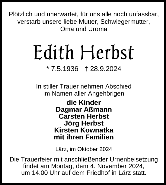 Traueranzeige von Edith Herbst von Nordkurier Strelitzer Zeitung