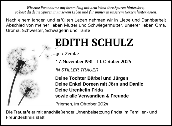 Traueranzeige von Edith Schulz von Nordkurier Vorpommern Kurier