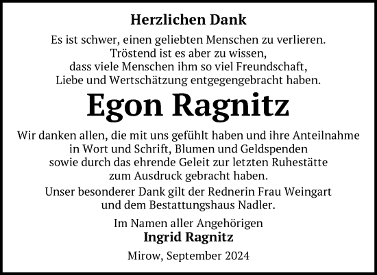 Traueranzeige von Egon Ragnitz von Nordkurier Strelitzer Zeitung