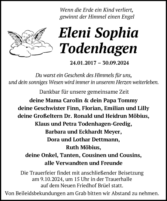 Traueranzeige von Eleni Sophia Todenhagen von Anzeiger für Sternberg - Brüel - Warin