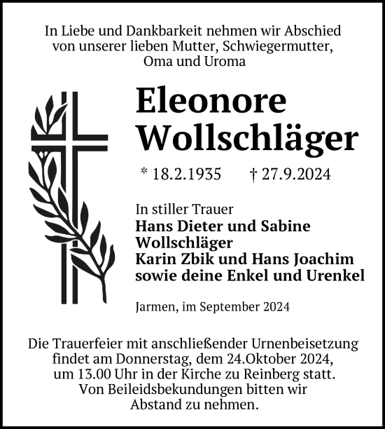 Traueranzeige von Eleonore Wollschläger von Nordkurier Neubrandenburger Zeitung