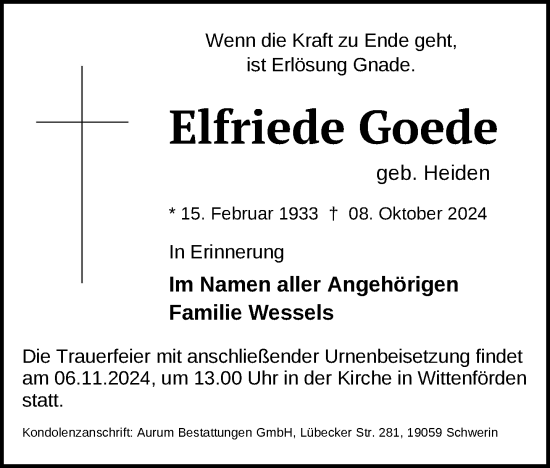 Traueranzeige von Elfriede Goede von Zeitung für die Landeshauptstadt