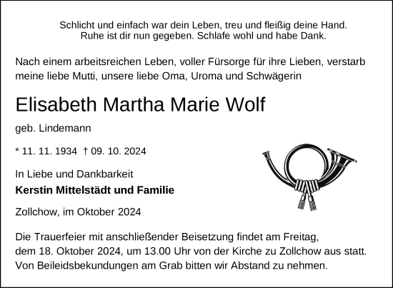 Traueranzeige von Elisabeth Martha Marie Wolf von Uckermark Kurier Prenzlauer Zeitung