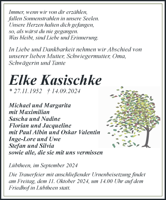 Traueranzeige von Elke Kasischke von Hagenower Kreisblatt