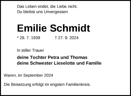 Traueranzeige von Emilie Schmidt von Nordkurier Müritz-Zeitung