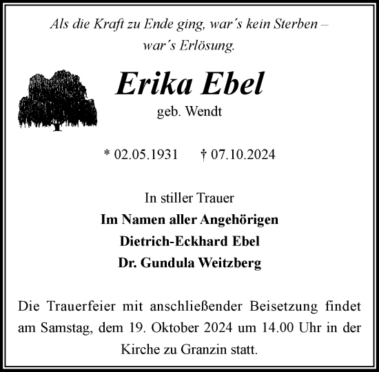 Traueranzeige von Erika Ebel von Parchim und Lübz