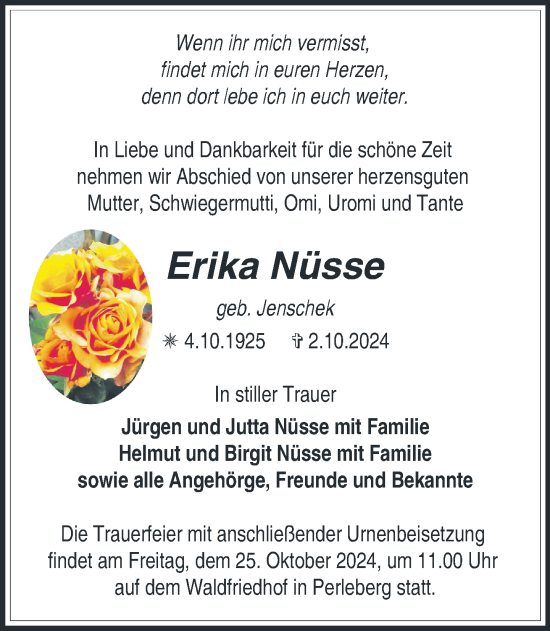 Traueranzeige von Erika Nüsse von Der Prignitzer, Prignitz Express