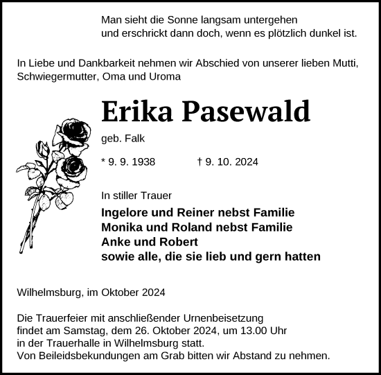 Traueranzeige von Erika Pasewald von Nordkurier Haff-Zeitung