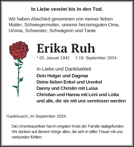 Traueranzeige von Erika Ruh von Gadebusch - Rehnaer Zeitung