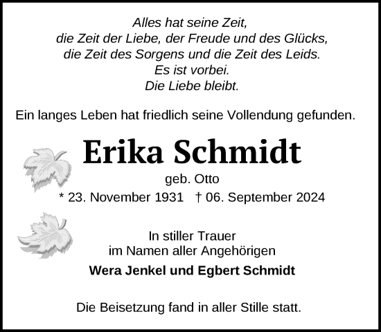 Traueranzeige von Erika Schmidt von Zeitung für die Landeshauptstadt