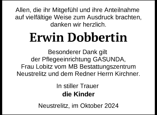 Traueranzeige von Erwin Dobbertin von Nordkurier Strelitzer Zeitung