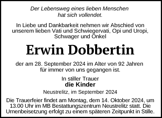 Traueranzeige von Erwin Dobbertin von Nordkurier Strelitzer Zeitung