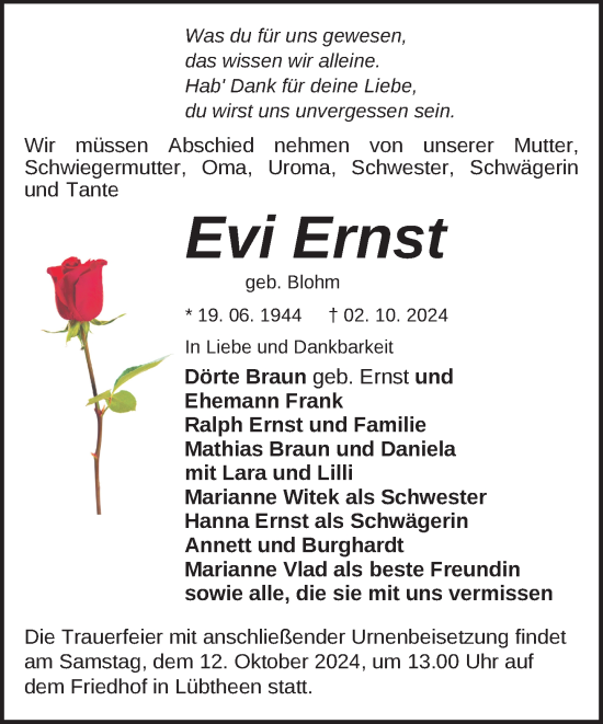 Traueranzeige von Evi Ernst von Hagenower Kreisblatt